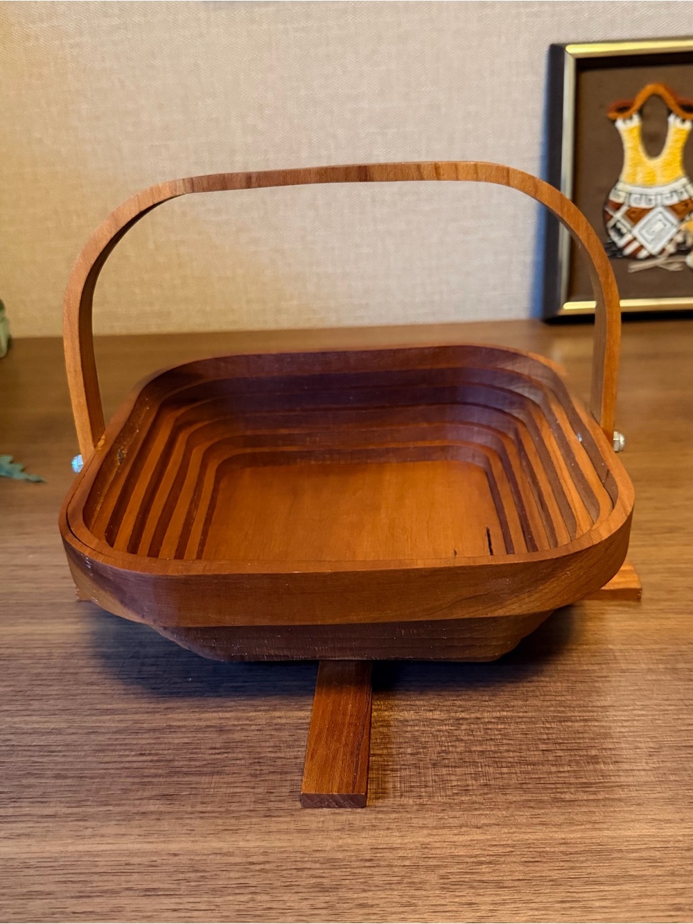 Vintage MCM Handcrafted Folding Wooden Basket with Handle